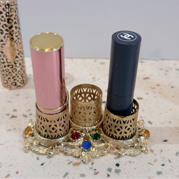Vintage Gold Metal with Crystals‎ Trio Lipstick Holder or Brush Holder - Picture 6 of 13